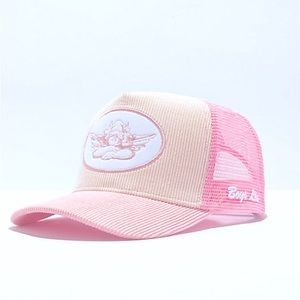 Corduroy & net soft pink trucker hat w/ horned cherub
